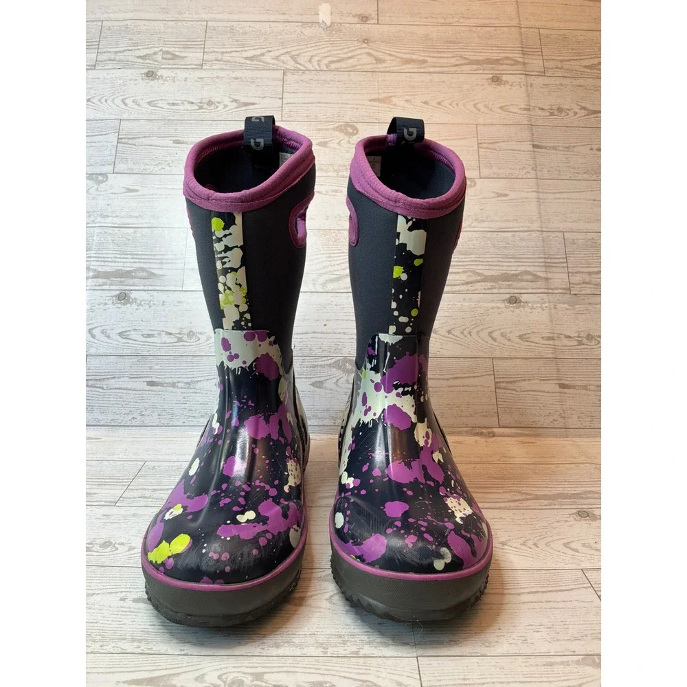 DSG Kids Size 2 Purple Paint Splatter Waterproof Rain Boots Pull On Outdoor